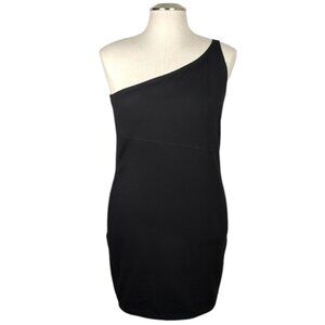VTG Mod Express Tricot One Shoulder Halter Bodycon Black Dress Stretch Medium